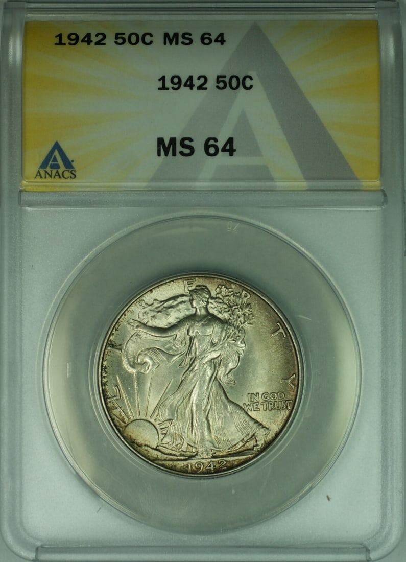 1942 Liberty Walking Silver Half Dollar ANACS MS 64 Philadelphia Toned: 1942 Liberty Walking Silver Half Dollar ANACS MS 64 Philadelphia Toned This is a 1942 Walking Liberty Silver Half Dollar with a denomination of 50 cents. The coin is certified by ANACS and graded MS-6