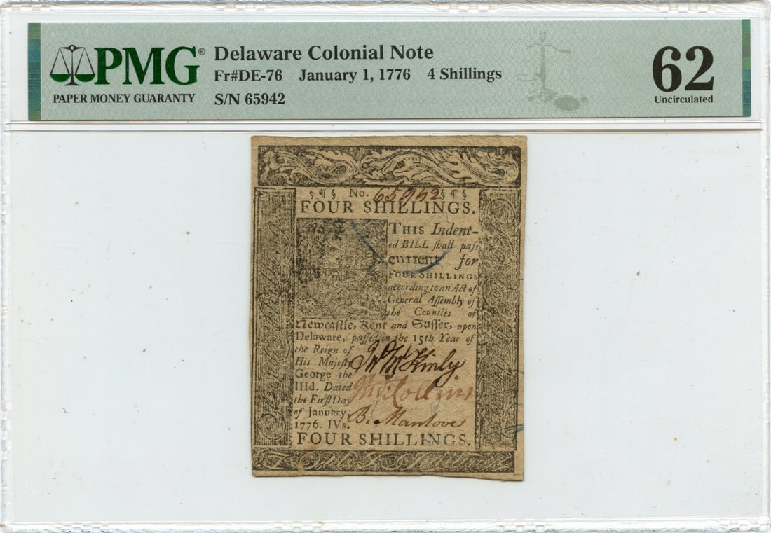 1776 4 Shillings Delaware Colonial Note PMG MS62: 1776 4 Shillings Delaware Colonial Note PMG MS62 This 1776 January 1 4 Shillings Delaware Colonial Note is a remarkable piece of history, certified by PMG with a grade of MS62. It is categorized as un