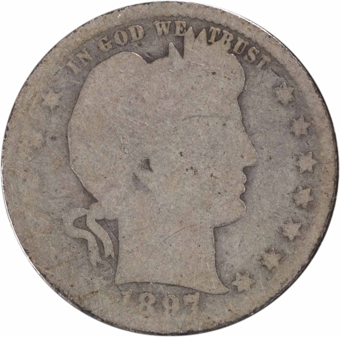 1897-S Barber Silver Quarter 25C AG Uncertified 90% Silver: 1897-S Barber Silver Quarter 25C AG Uncertified 90% Silver This 1897-S Barber Silver Quarter features a centered mint mark and is classified as AG (About Good) condition. Struck at the San Francisco m