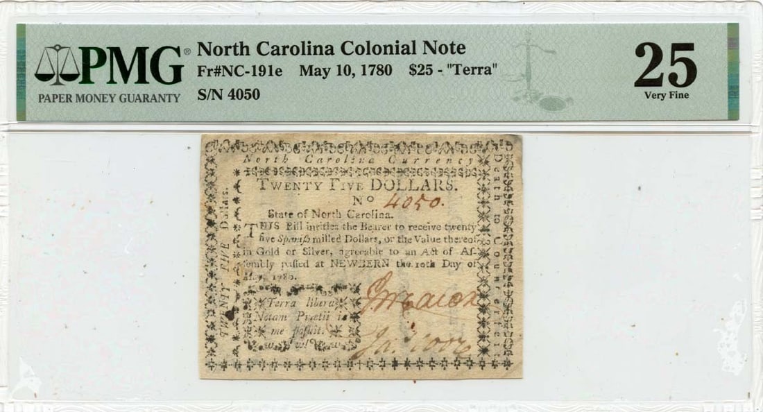 1780 North Carolina $25 Colonial Note PMG VF25 Terra: 1780 North Carolina $25 Colonial Note PMG VF25 Terra This is a $25 North Carolina Colonial Note dated May 10, 1780, classified as FR#NC-191e. It has been certified by PMG with a grade of VF25, indicat