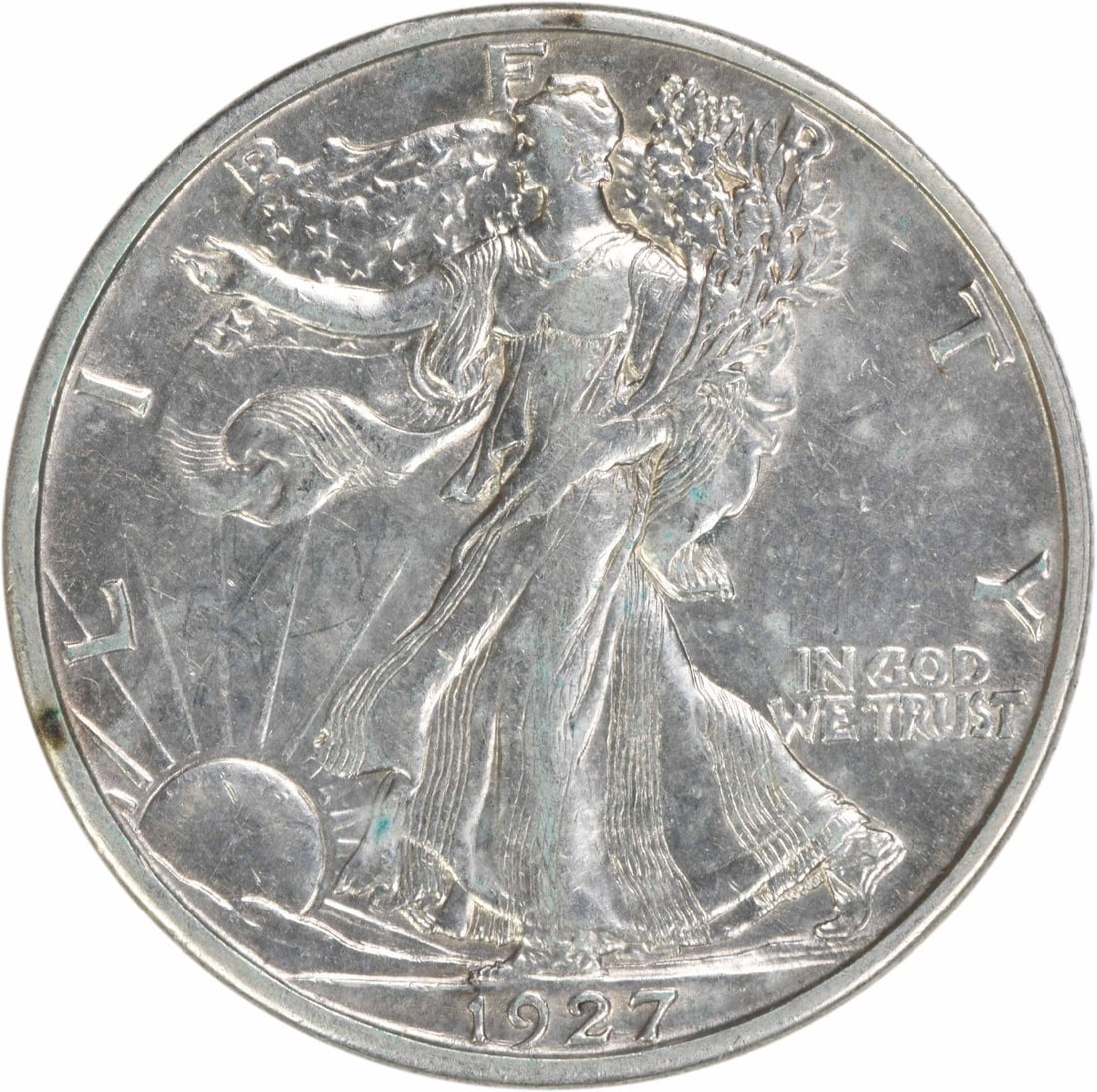 1927 San Francisco Walking Liberty Half Dollar 90% Silver AU Uncertified: 1927 San Francisco Walking Liberty Half Dollar 90% Silver AU Uncertified This 1927-S Walking Liberty Half Dollar is a circulated coin from the United States, minted in San Francisco. Designed by Adolp