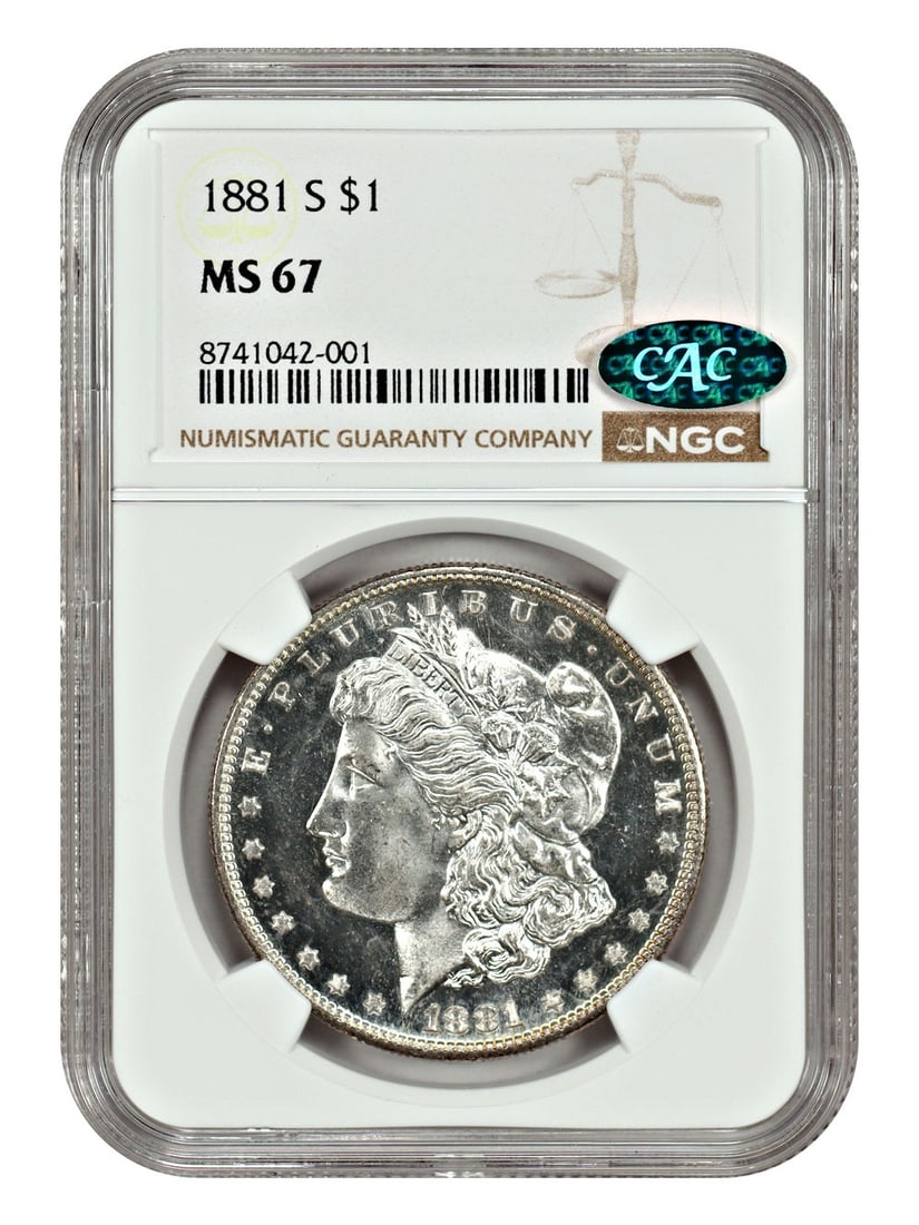 NGC CAC MS67 1881 San Francisco Morgan Silver Dollar: NGC CAC MS67 1881 San Francisco Morgan Silver Dollar This is an 1881-S Morgan Dollar certified by NGC and approved by CAC with a grade of MS67. The coin is uncirculated and features a white, brilliant