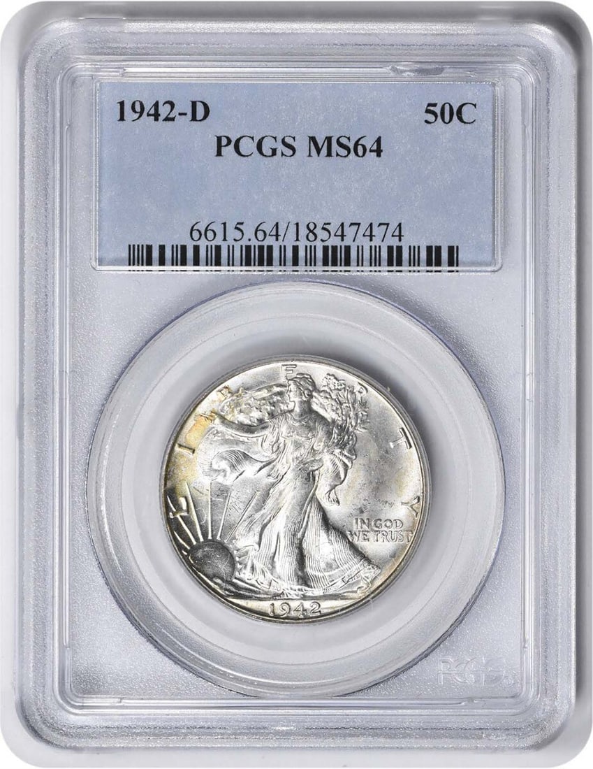 1942-D/D Walking Liberty Half Dollar MS64 PCGS Uncirculated Silver Coin: 1942-D/D Walking Liberty Half Dollar MS64 PCGS Uncirculated Silver Coin This 1942-D/D Walking Liberty Half Dollar is a stunning example of American numismatic history, graded MS64 by PCGS. The coin fe