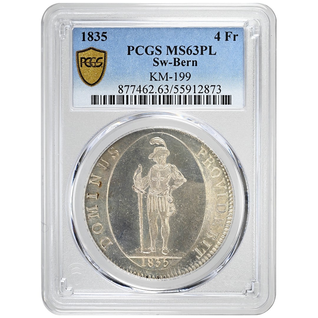 Switzerland 1835 Silver 4 Francs Coin PCGS MS63PL Low Population: Switzerland 1835 Silver 4 Francs Coin PCGS MS63PL Low Population This 1835 4 Francs coin from Switzerland is composed of silver and has been certified by PCGS with a grade of MS63PL. It is an uncircul