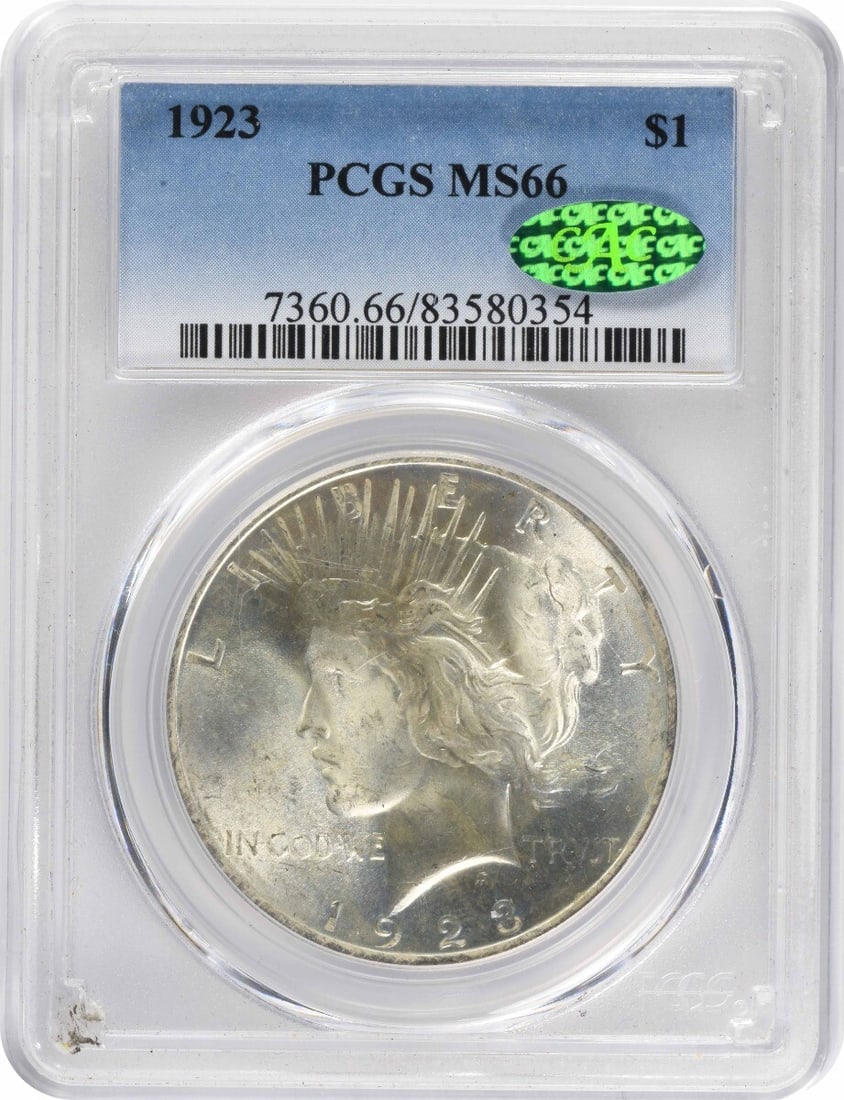 1923 Peace Silver Dollar MS66 PCGS CAC Certified Coin: 1923 Peace Silver Dollar MS66 PCGS CAC Certified Coin This 1923 Peace Silver Dollar is a stunning example of numismatic artistry, graded MS66 by PCGS with a CAC certification. Minted in Philadelphia,