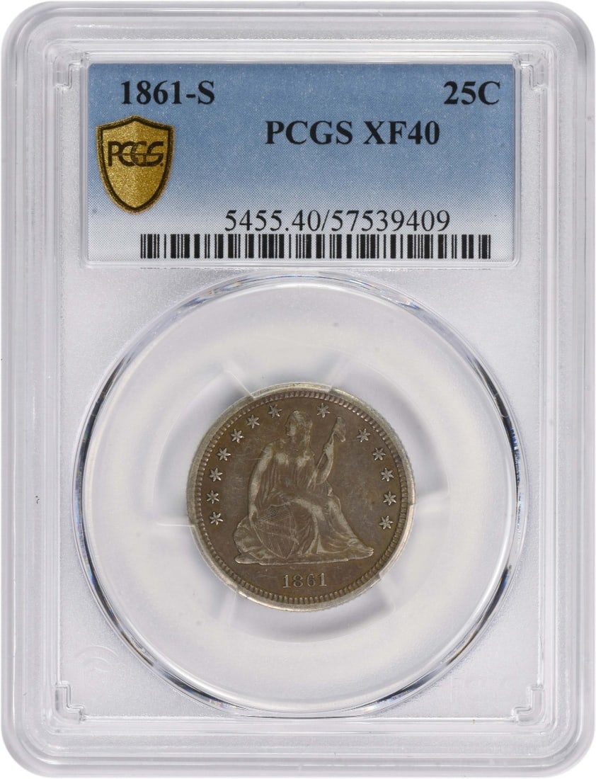 1861-S Liberty Seated Quarter EF40 PCGS 90% Silver: 1861-S Liberty Seated Quarter EF40 PCGS 90% Silver This 1861-S Liberty Seated Silver Quarter is a remarkable piece of American numismatic history. Struck at the San Francisco Mint, this coin features