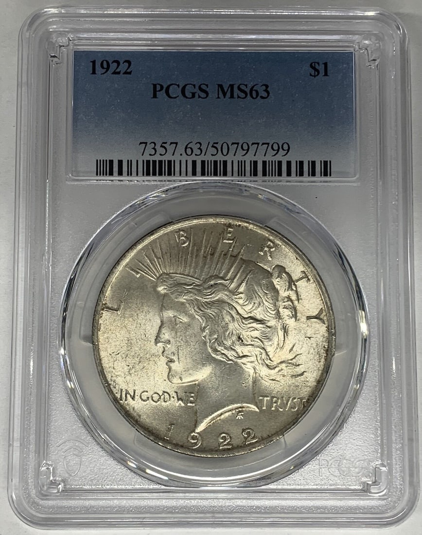 PCGS MS 63 1922 Peace Silver Dollar United States Certified $1 Coin: PCGS MS 63 1922 Peace Silver Dollar United States Certified $1 Coin This is a 1922 Peace Silver Dollar coin from the United States, featuring an uncirculated condition and certified by PCGS with a gra