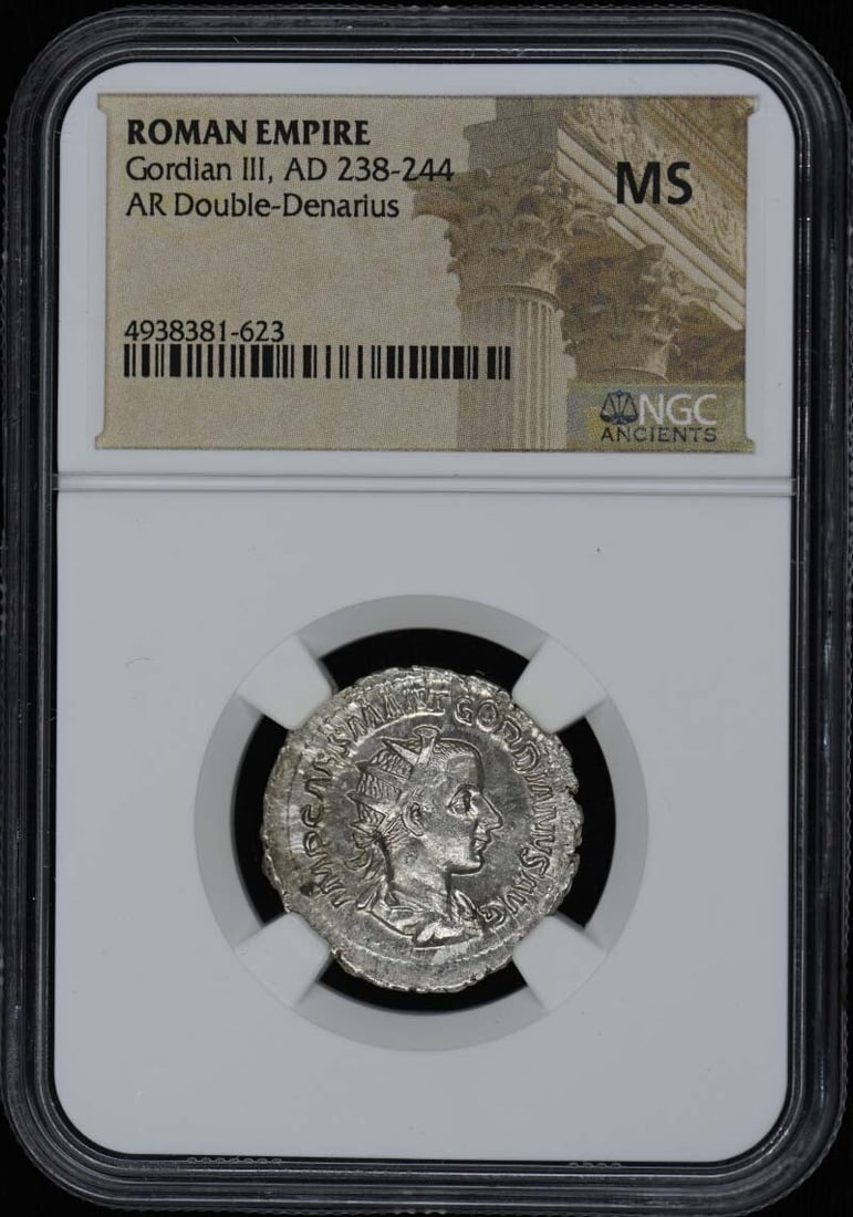 Gordian III Roman Empire AR Double-Denarius NGC MS60 Certified Coin: Gordian III Roman Empire AR Double-Denarius NGC MS60 Certified Coin This stunning ancient Roman coin features a double-denarius from the reign of Gordian III, dating from AD 238 to 244. Graded MS60 by