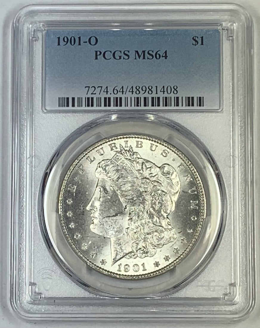 PCGS MS 64 1901-O Morgan Silver Dollar Uncirculated Coin: PCGS MS 64 1901-O Morgan Silver Dollar Uncirculated Coin This is a 1901-O Morgan Silver Dollar, certified by PCGS with a grade of MS 64. The coin is uncirculated and features the classic Morgan design
