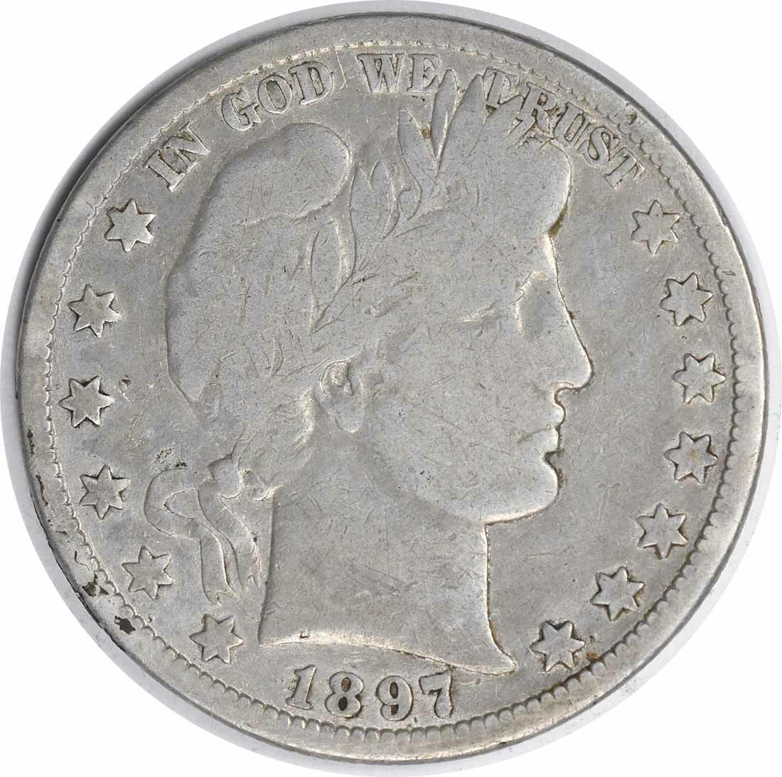 1897-O Barber Half Dollar 50C Uncertified Silver Coin: 1897-O Barber Half Dollar 50C Uncertified Silver Coin This 1897-O Barber Silver Half Dollar is a collectible piece from the New Orleans mint, featuring the iconic design by Charles E. Barber. The coin