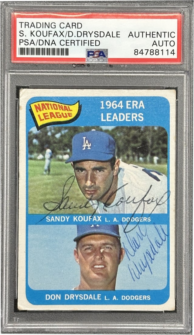 1965 Topps Koufax Drysdale Dual Signed Authentic Auto MLB Card: 1965 Topps Koufax Drysdale Dual Signed Authentic Auto MLB Card This 1965 Topps Dual Signature card features the authentic autographs of legendary baseball players Sandy Koufax and Don Drysdale, both i