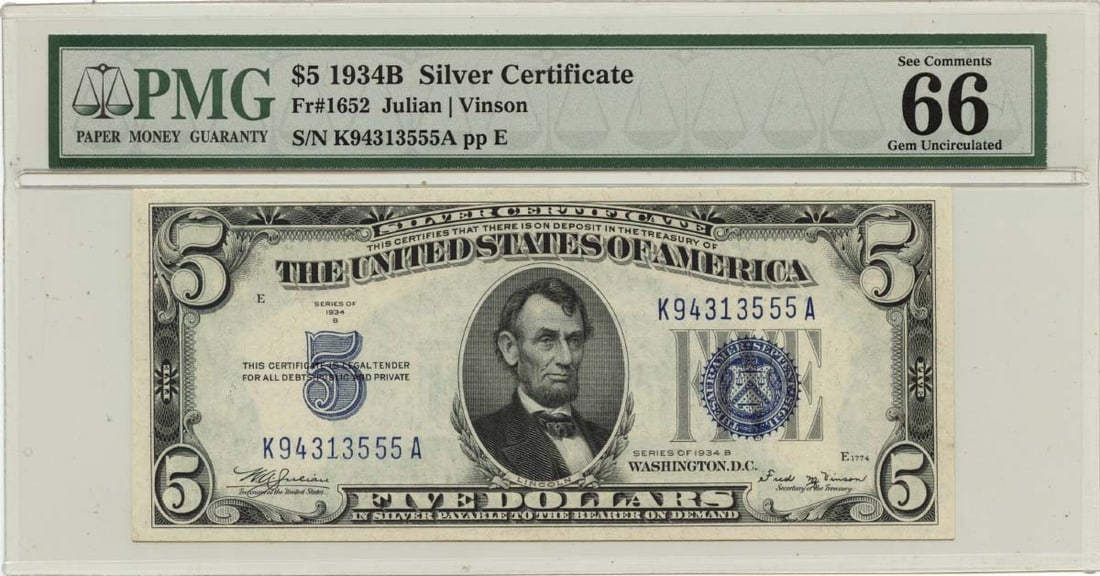 1934B $5 Uncirculated Silver Certificate PMG GEM 66 EPQ (1 of 2)