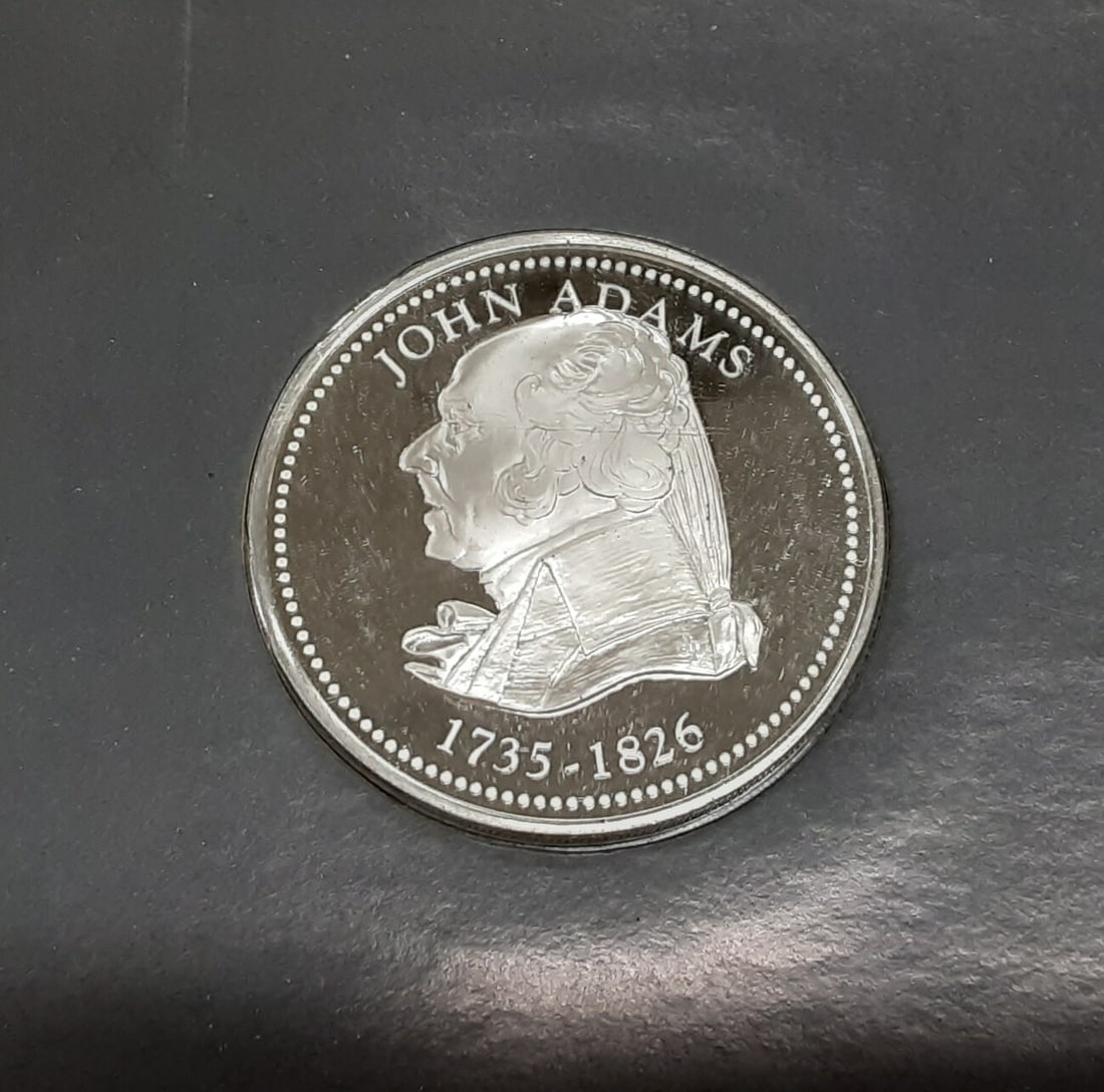 Proof Sterling Silver John Adams Medal Presented in Franklin Mint Card: Proof Sterling Silver John Adams Medal Presented in Franklin Mint Card This is a John Adams proof medal made of sterling silver, presented in its original Franklin Mint card. The item is uncirculated