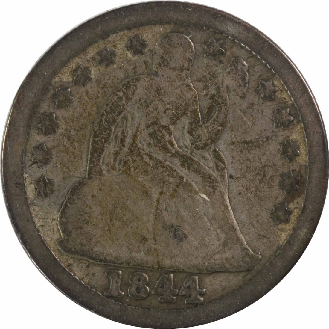 1844 Liberty Seated Silver Dime 90% Silver Uncertified Coin: 1844 Liberty Seated Silver Dime 90% Silver Uncertified Coin This 1844 Liberty Seated Silver Dime features a classic design by Christian Gobrecht, crafted from 90% silver and 10% copper. The coin is ci