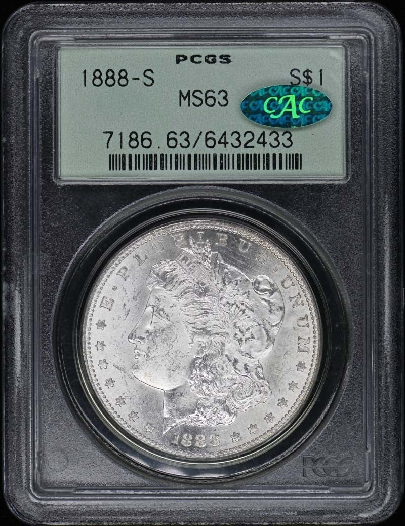 1888-S Morgan Dollar Uncirculated PCGS MS63 CAC Certified: 1888-S Morgan Dollar Uncirculated PCGS MS63 CAC Certified This 1888-S Morgan Dollar showcases a stunning uncirculated condition, certified by PCGS with a grade of MS63. The coin, minted in San Francis