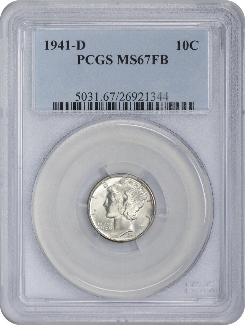 PCGS MS67FB 1941 Denver Mercury Dime 90 Percent Silver Uncirculated: PCGS MS67FB 1941 Denver Mercury Dime 90 Percent Silver Uncirculated This 1941-D Mercury Silver Dime is an un-used coin certified by PCGS with a grade of MS67FB. Minted in Denver, it features the iconi