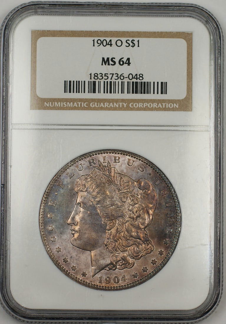 NGC MS-64 1904-O Morgan Silver Dollar New Orleans Mint Toned $1 Coin: NGC MS-64 1904-O Morgan Silver Dollar New Orleans Mint Toned $1 Coin This 1904-O Morgan Silver Dollar is a $1 coin minted in New Orleans. Certified by NGC with a grade of MS-64, it features a nicely t