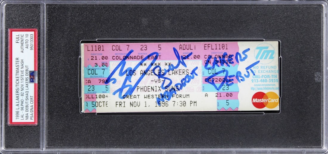 Shaquille O'Neal Steve Nash Signed Full Ticket Stub PSA Gem Mint 10: Shaquille O'Neal Steve Nash Signed Full Ticket Stub PSA Gem Mint 10 This remarkable full ticket stub from the game on November 1, 1996, features the historic matchup between the Los Angeles Lakers and