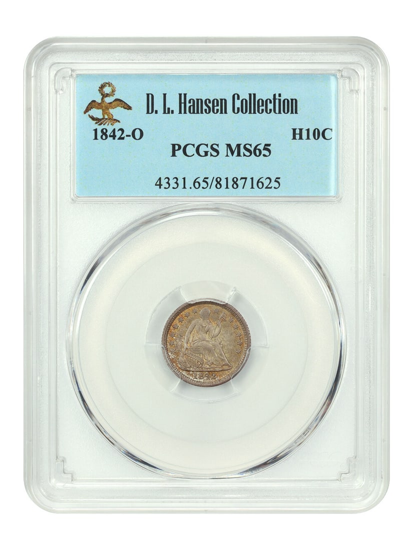 1842-O Liberty Seated Half Dime PCGS MS65 D.L. Hansen: 1842-O Liberty Seated Half Dime PCGS MS65 D.L. Hansen This 1842-O Liberty Seated Half Dime, certified by PCGS as MS65 (Certification Number: 81871625), is an exceptional example of this challenging is