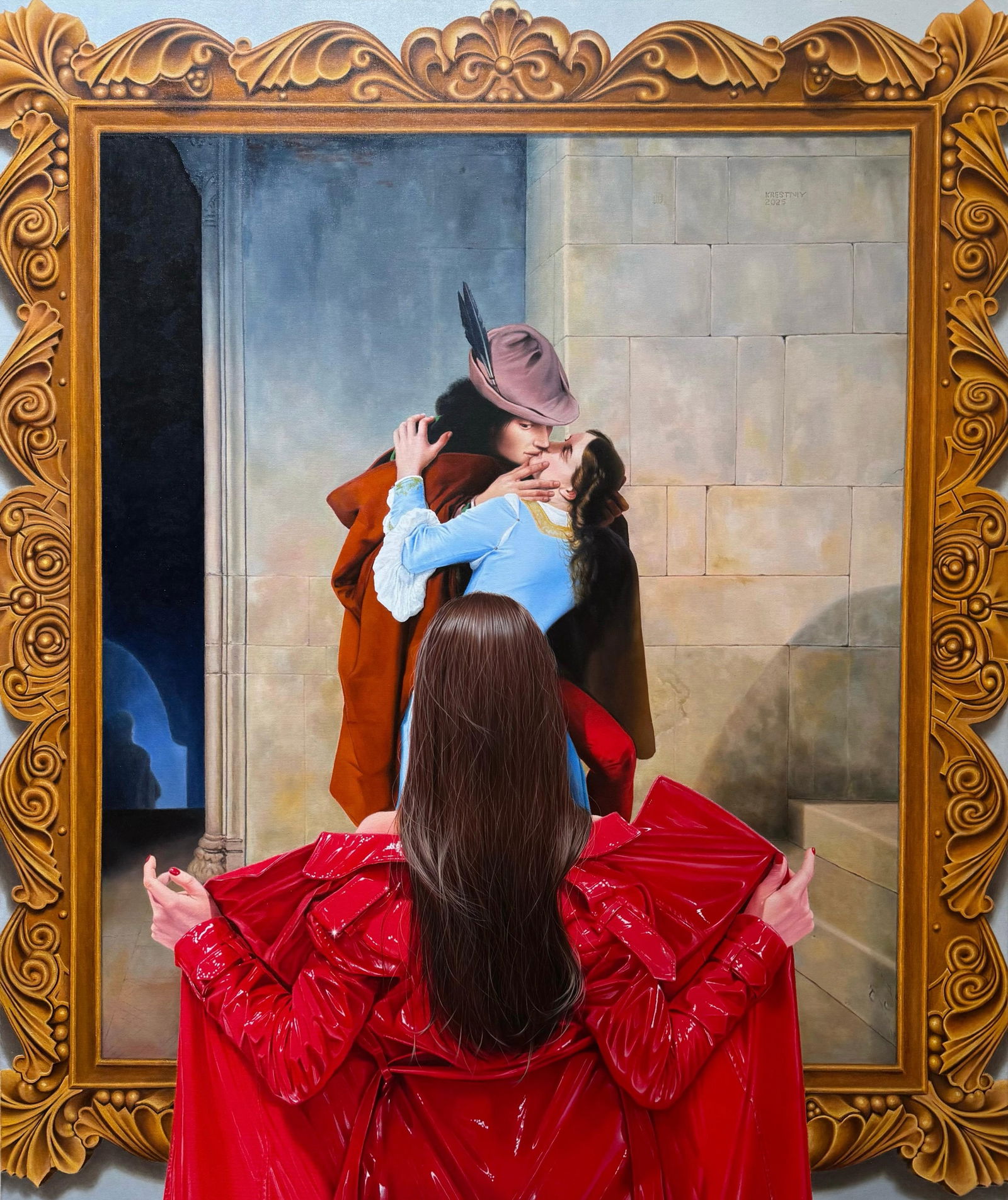 Homewrecker Figurative Oil Painting by Dmitriy Krestniy 47 x 39 inches: Homewrecker Figurative Oil Painting by Dmitriy Krestniy 47 x 39 inches Introducing "Homewrecker," a captivating figurative oil painting by Dmitriy Krestniy, created in 2025. This impressive artwork me