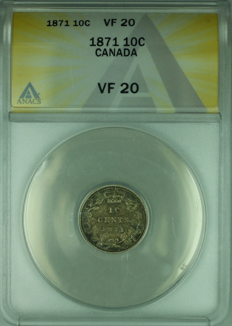 Canada 1871 10 Cent Silver Coin ANACS Graded VF-20: Canada 1871 10 Cent Silver Coin ANACS Graded VF-20 This is an 1871 Canadian 10 cent silver coin, certified by ANACS with a grade of VF-20. The coin is circulated and is a pre-owned example from Canada