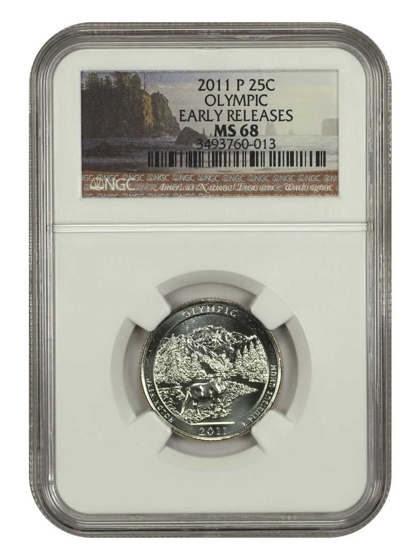 2011-P 25C Olympic National Park NGC MS68 Clad Quarter: 2011-P 25C Olympic National Park NGC MS68 Clad Quarter This 2011-P 25 Cent Olympic National Park coin is a stunning example of numismatic craftsmanship, graded MS68 by NGC, indicating its superior qua
