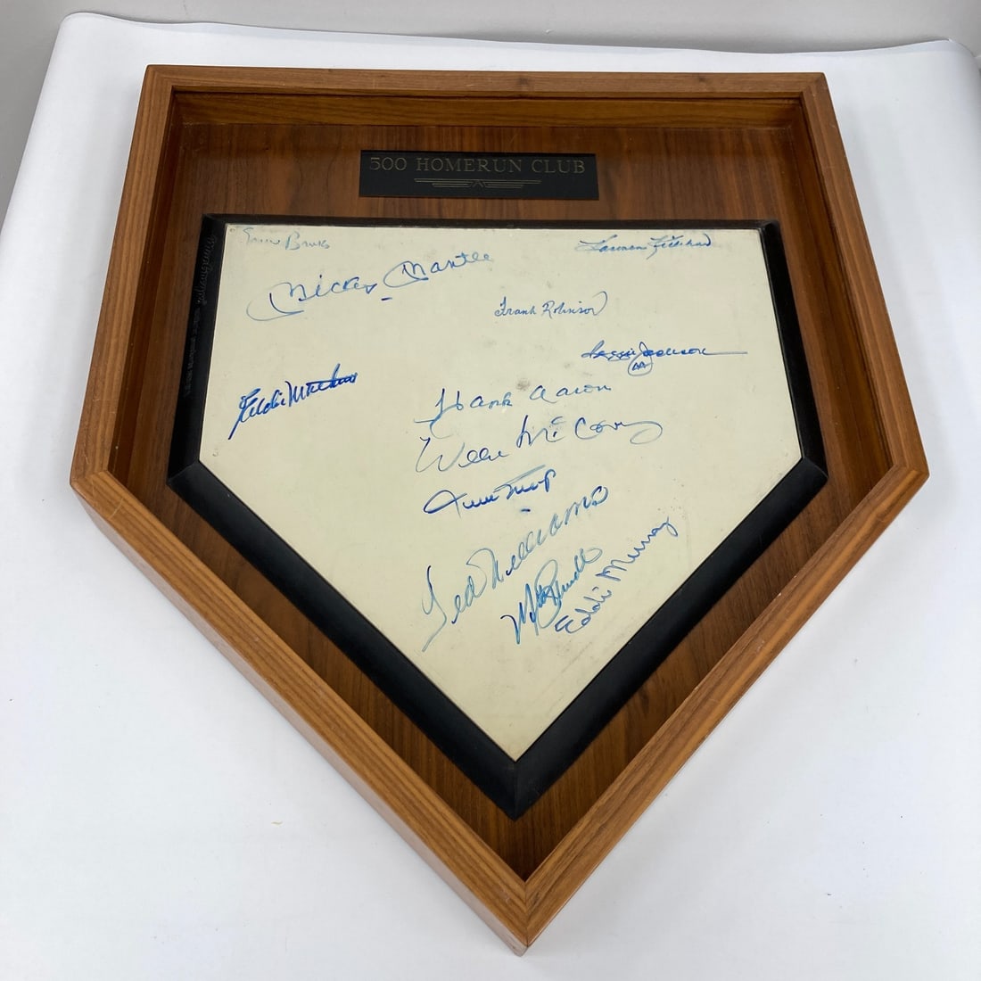 Baseball Home Plate Signed by 12 500 Home Run Club Legends JSA Authenticated: Baseball Home Plate Signed by 12 500 Home Run Club Legends JSA Authenticated This original home plate is signed by 12 iconic members of the Baseball 500 Home Run Club. Signatures include Mickey Mantle