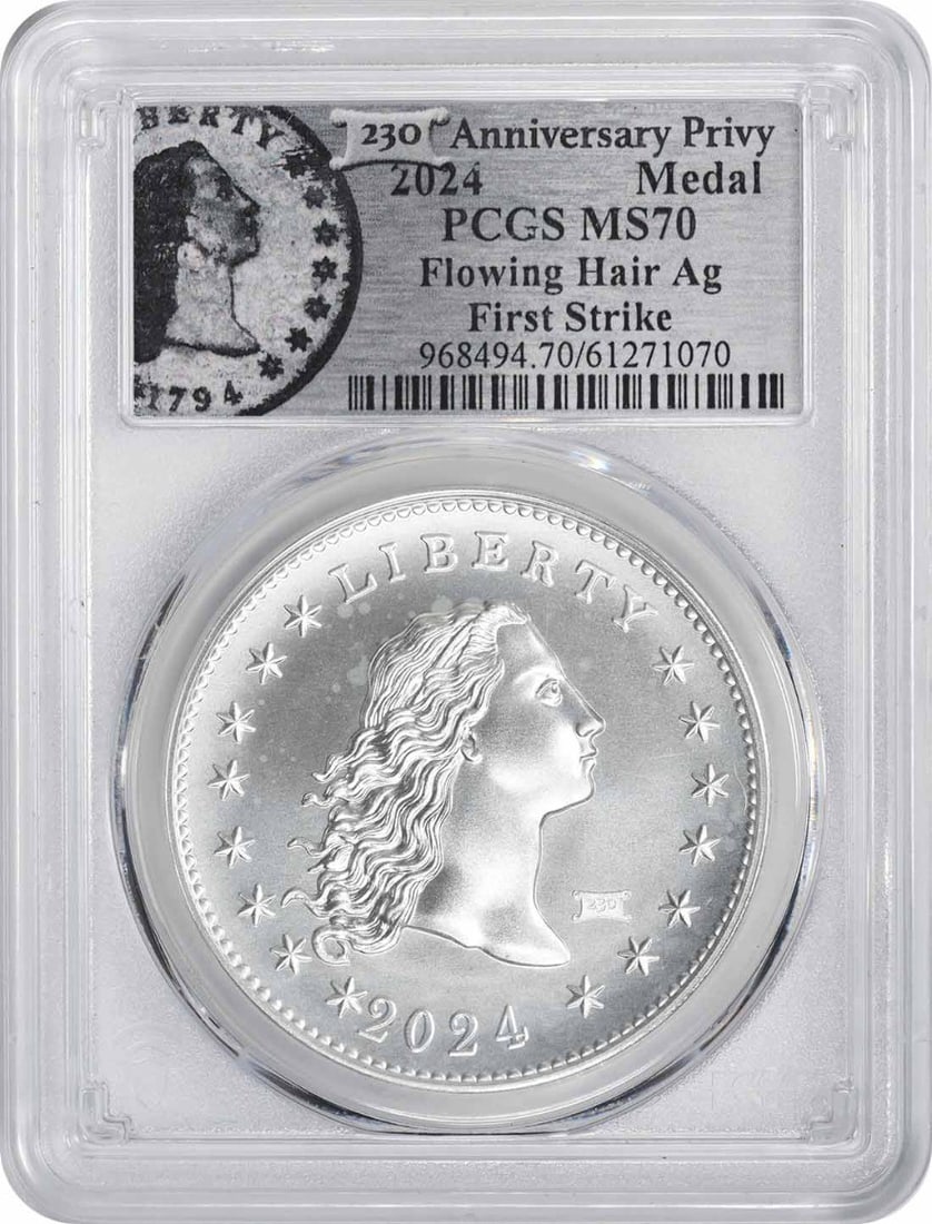 2024 230th Anniversary Flowing Hair Silver Medal MS70 PCGS Certified: 2024 230th Anniversary Flowing Hair Silver Medal MS70 PCGS Certified Celebrate the rich history of American coinage with this 2024 230th Anniversary Flowing Hair Ag Silver Medal. This stunning piece,
