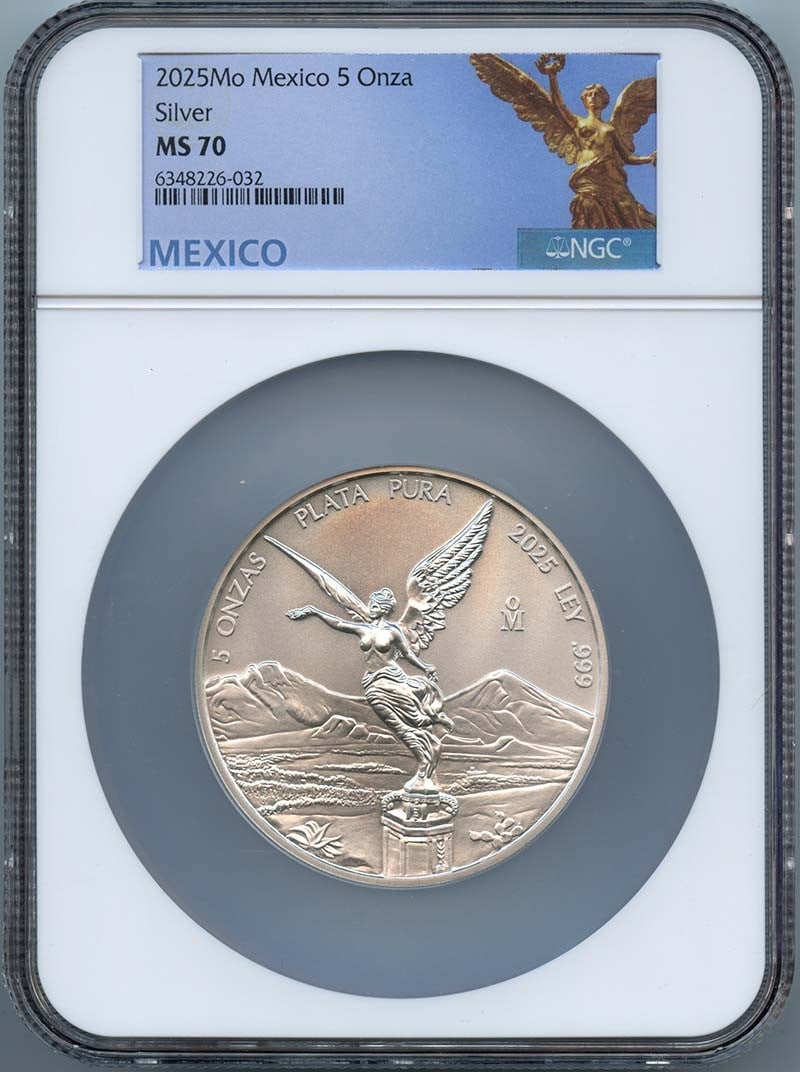 2025 Mexico 5 Onza Silver Coin NGC MS70 with 200 Mintage: 2025 Mexico 5 Onza Silver Coin NGC MS70 with 200 Mintage This 2025 Mo Mexico 5 Onza Libertad silver coin is certified by NGC with a grade of MS70, indicating it is in perfect uncirculated condition. T