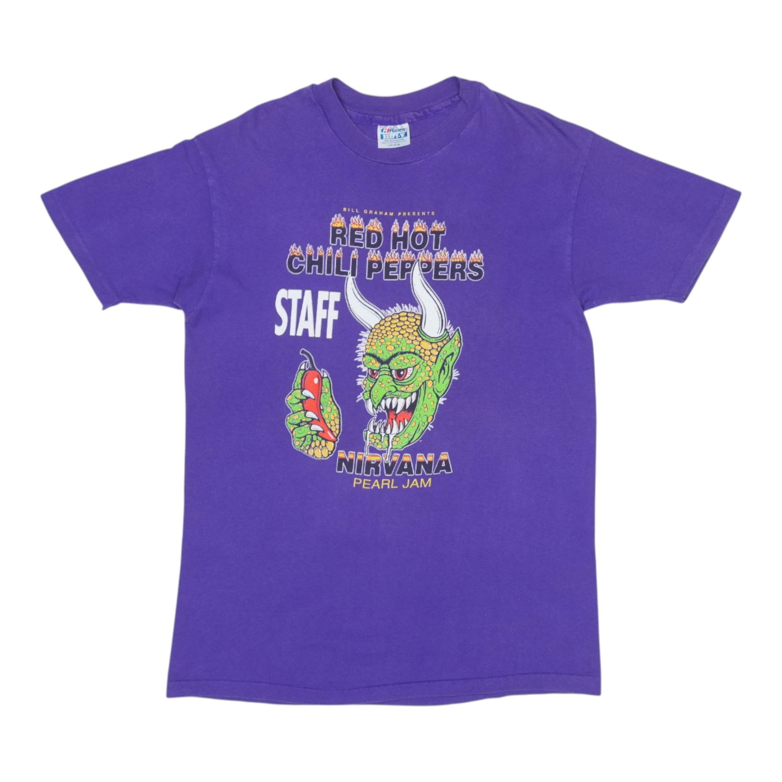 Vintage 1991 Nirvana New Years Eve Staff Purple Cotton T Shirt: Vintage 1991 Nirvana New Years Eve Staff Purple Cotton T Shirt This is an original vintage 1991 Nirvana New Year's Eve Concert Staff Shirt. It features both front and back graphics and is made of 100%