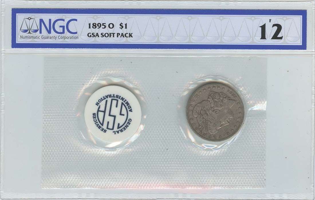NGC F12 1895-O Morgan Silver Dollar in GSA Soft Pack: NGC F12 1895-O Morgan Silver Dollar in GSA Soft Pack This 1895-O Morgan Dollar is certified by NGC with a grade of F12 and comes in a GSA soft pack. Minted in New Orleans, this circulated coin is a pr