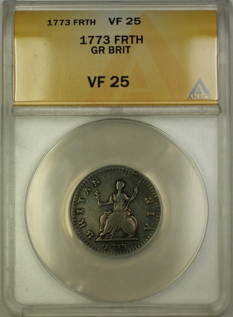 1773 Copper Farthing from Great Britain ANACS VF-25 Certified: 1773 Copper Farthing from Great Britain ANACS VF-25 Certified This is a 1773 England Great Britain one farthing copper coin, certified by ANACS with a VF-25 grade. The coin is circulated and composed