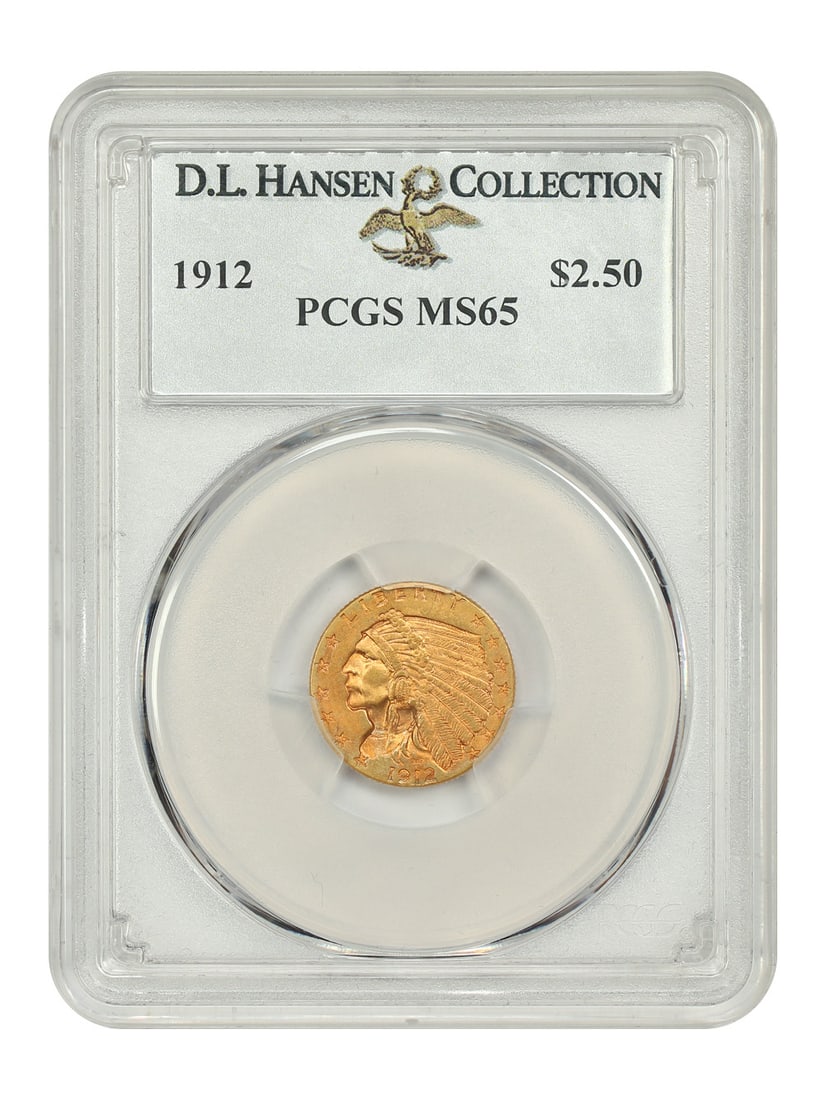 1912 Indian $2.50 Gold Coin PCGS MS65 D.L. Hansen Collection: 1912 Indian $2.50 Gold Coin PCGS MS65 D.L. Hansen Collection This stunning 1912 Indian $2.50 gold coin, certified by PCGS with a grade of MS65, showcases exceptional quality and visual appeal. It feat