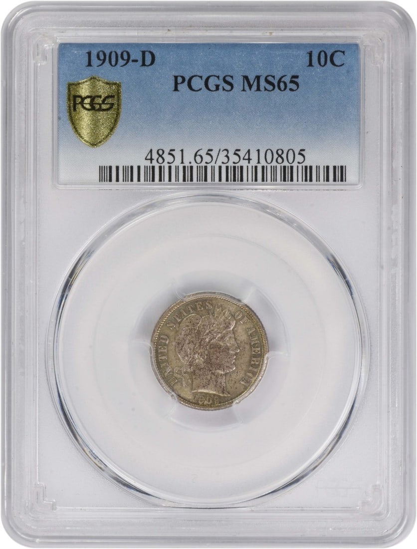 PCGS MS65 1909 Denver Mint Barber Dime 90 Percent Silver: PCGS MS65 1909 Denver Mint Barber Dime 90 Percent Silver This 1909-D Barber Silver Dime is a certified uncirculated coin graded MS65 by PCGS. Minted in Denver, it features a composition of 90% silver