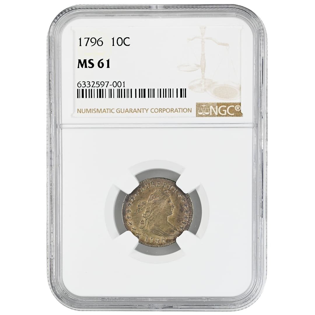1796 Draped Bust Dime NGC MS61 Silver Small Eagle JR-1 R3: 1796 Draped Bust Dime NGC MS61 Silver Small Eagle JR-1 R3 This 1796 Draped Bust Dime is a rare and highly collectible coin, certified by NGC with a grade of MS61. Struck in Philadelphia and composed o