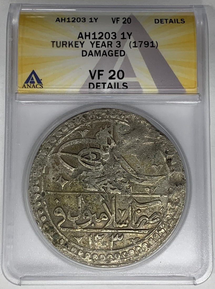 1791 Turkey Silver 1 Y Coin Certified ANACS VF 20 Year 3: 1791 Turkey Silver 1 Y Coin Certified ANACS VF 20 Year 3 This is an AH1203 (1791) Turkey 1 Y coin, certified by ANACS with a grade of VF 20 Details and noted as damaged. The coin is composed of silver