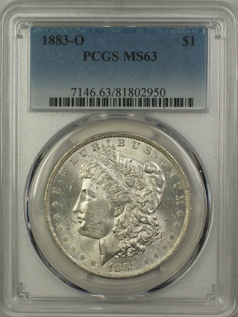 PCGS MS63 1883-O Silver Morgan Dollar from New Orleans Mint: PCGS MS63 1883-O Silver Morgan Dollar from New Orleans Mint This 1883-O Morgan Silver Dollar is certified by PCGS with a grade of MS 63, indicating an uncirculated condition. Minted in New Orleans, th