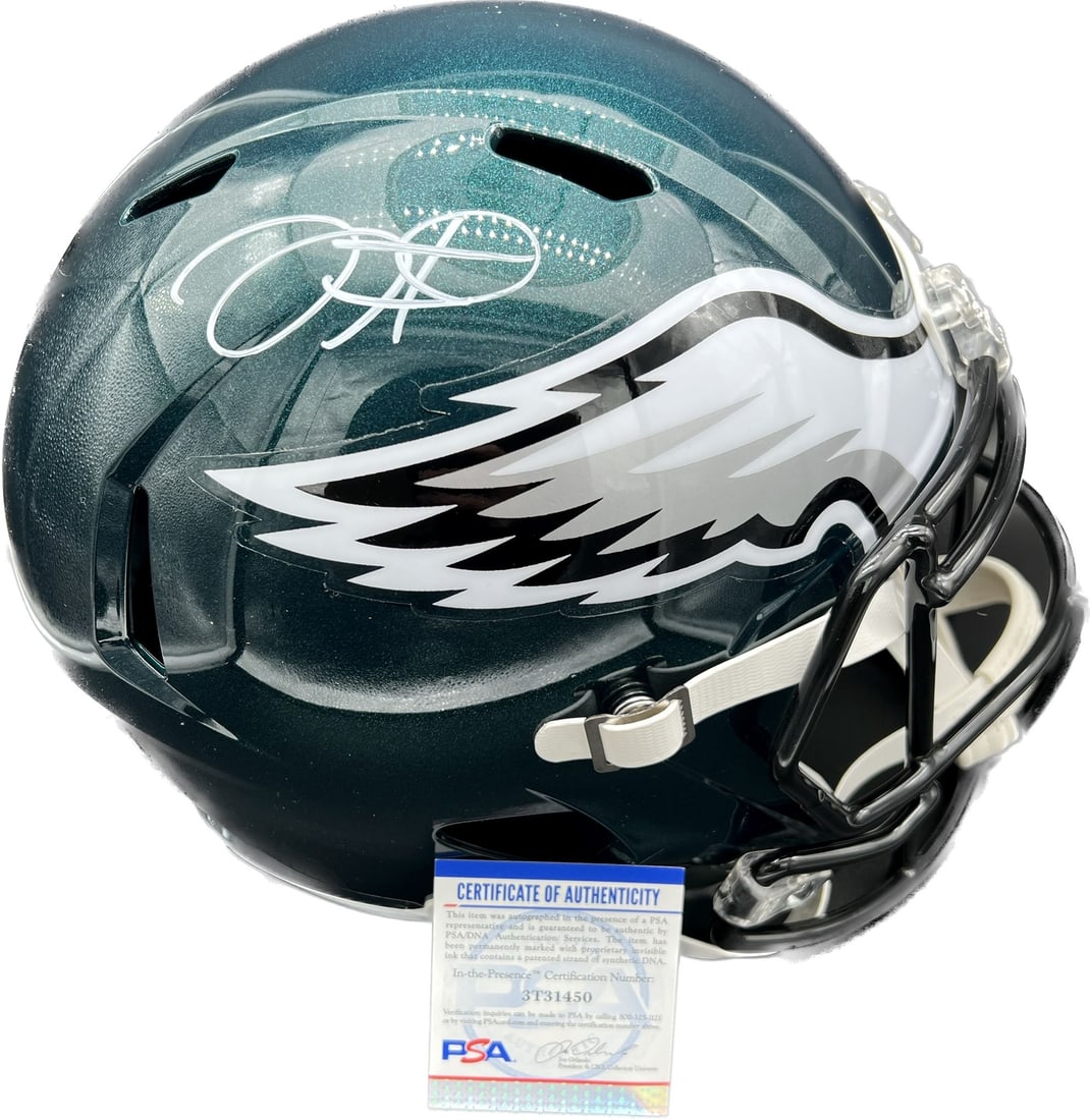 Jalen Hurts Autographed Full Size Speed Helmet PSA/DNA Authentic: Jalen Hurts Autographed Full Size Speed Helmet PSA/DNA Authentic This is a full-size replica Speed helmet autographed by Jalen Hurts, the talented quarterback for the Philadelphia Eagles. The signatur