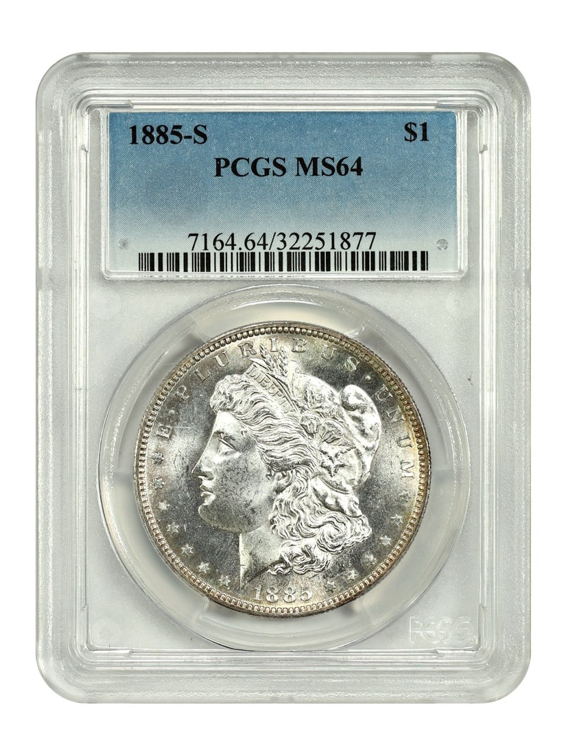 1885-S Morgan Dollar $1 PCGS MS64 Uncirculated Coin: 1885-S Morgan Dollar $1 PCGS MS64 Uncirculated Coin This 1885-S Morgan Dollar is certified by PCGS with a grade of MS64, indicating its uncirculated condition. Struck in San Francisco, this dollar fea