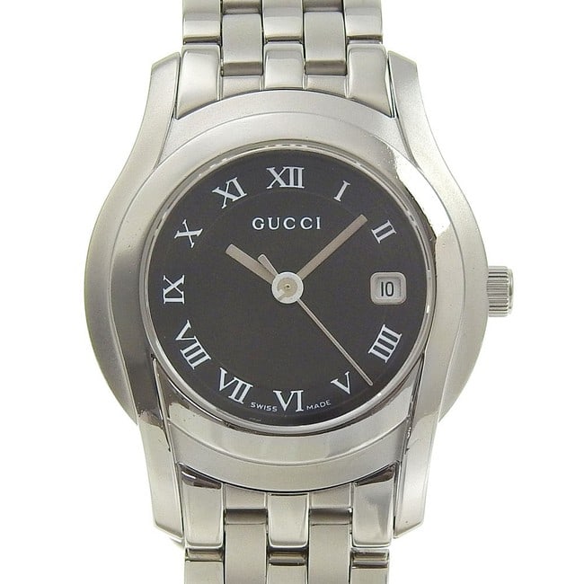 Ladies Gucci 5500L Watch Black Roman Dial with Five Row Bracelet: Ladies Gucci 5500L Watch Black Roman Dial with Five Row Bracelet This Gucci ladies' watch features a black Roman numeral dial and a 5-row link bracelet. The reference number for this timepiece is 5500