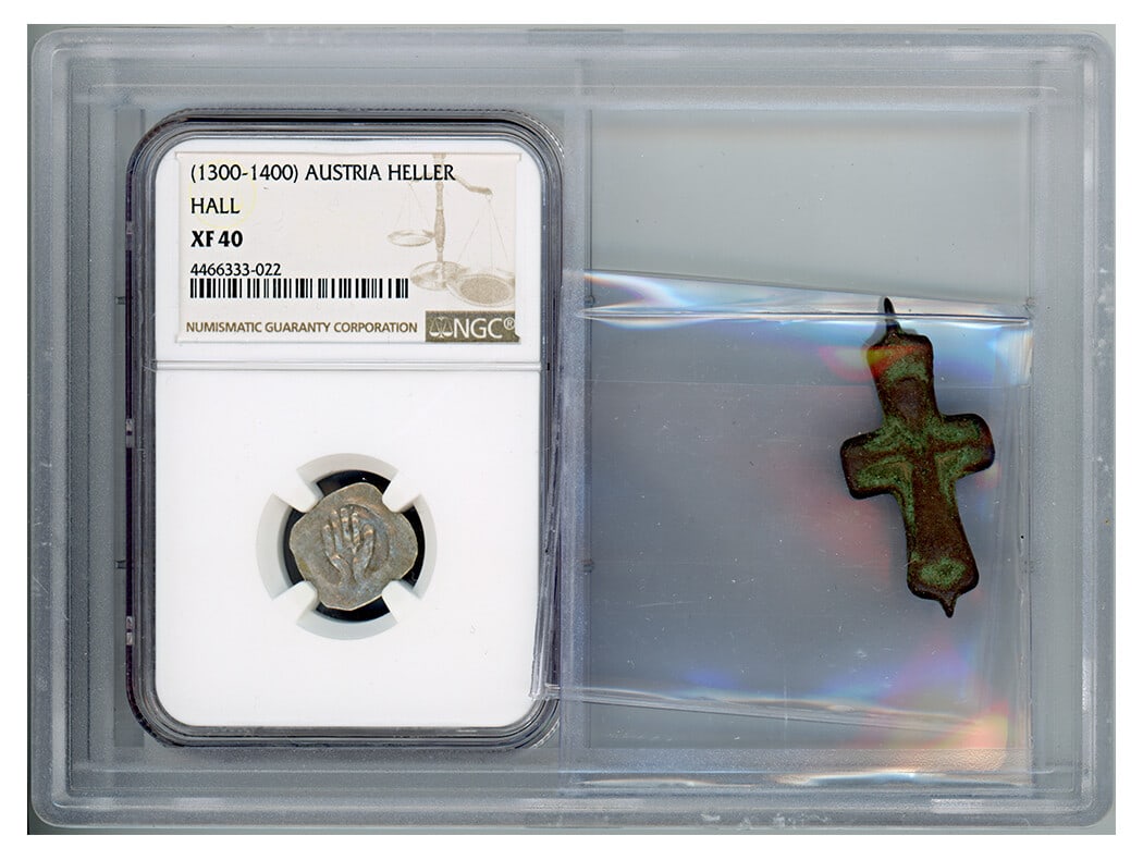Medieval Austria Heller Coin 1300-1400 NGC Certified XF40: Medieval Austria Heller Coin 1300-1400 NGC Certified XF40 This Medieval Austria Heller from the period of 1300-1400 features a detailed obverse of a beardless Christ and a reverse depicting Manuel sta