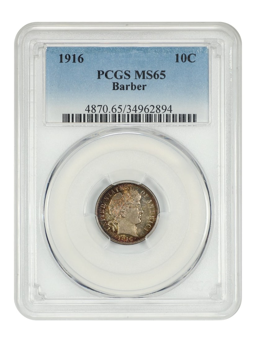 PCGS MS65 1916 Barber Dime Uncirculated 10C Coin: PCGS MS65 1916 Barber Dime Uncirculated 10C Coin This 1916 Barber Dime is certified by PCGS with a grade of MS65, indicating it is in uncirculated condition. Minted in Philadelphia, this coin represen