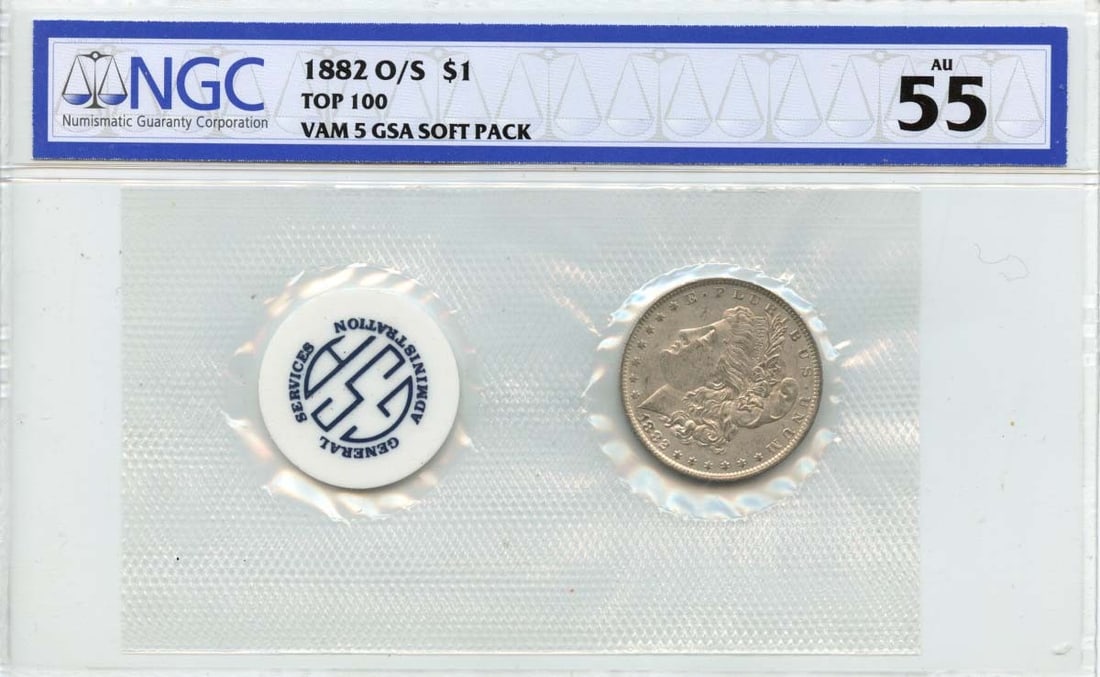 1882-O O Over S Morgan Dollar NGC AU55 GSA Soft Pack: 1882-O O Over S Morgan Dollar NGC AU55 GSA Soft Pack This 1882-O O Over S Morgan Dollar is a remarkable collectible, certified by NGC with a grade of AU55. Minted in New Orleans, this coin features th