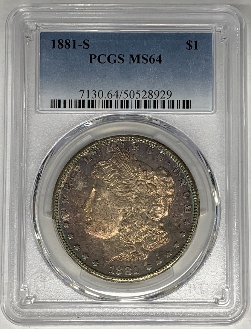 PCGS MS 64 1881-S Morgan Dollar Silver Coin With Toning: PCGS MS 64 1881-S Morgan Dollar Silver Coin With Toning This is an 1881-S Morgan Silver Dollar featuring attractive natural toning. The coin is uncirculated and has been professionally graded MS 64 by