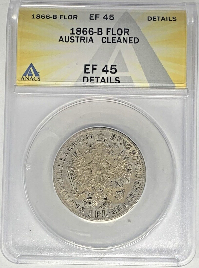 ANACS XF 45 Silver 1866-B Austria 1 Florin Certified Coin: ANACS XF 45 Silver 1866-B Austria 1 Florin Certified Coin This 1866-B Austria 1 Florin coin features silver composition and has been graded XF 45 by ANACS. It is a circulated, pre-owned coin that has