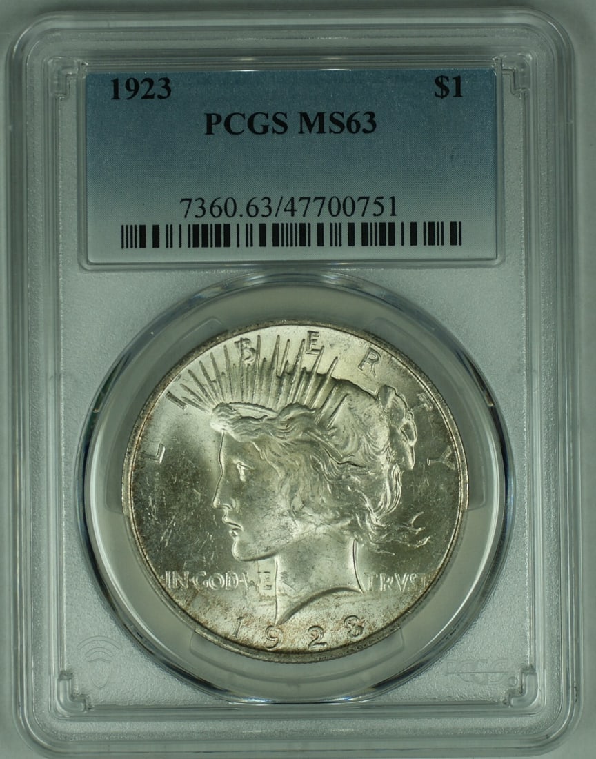 PCGS Certified 1923 Peace Silver Dollar MS 63 Plus Uncirculated: PCGS Certified 1923 Peace Silver Dollar MS 63 Plus Uncirculated This is a 1923 Peace Silver $1 Dollar Coin from the United States, certified by PCGS with a grade of MS 63+. The coin is uncirculated an