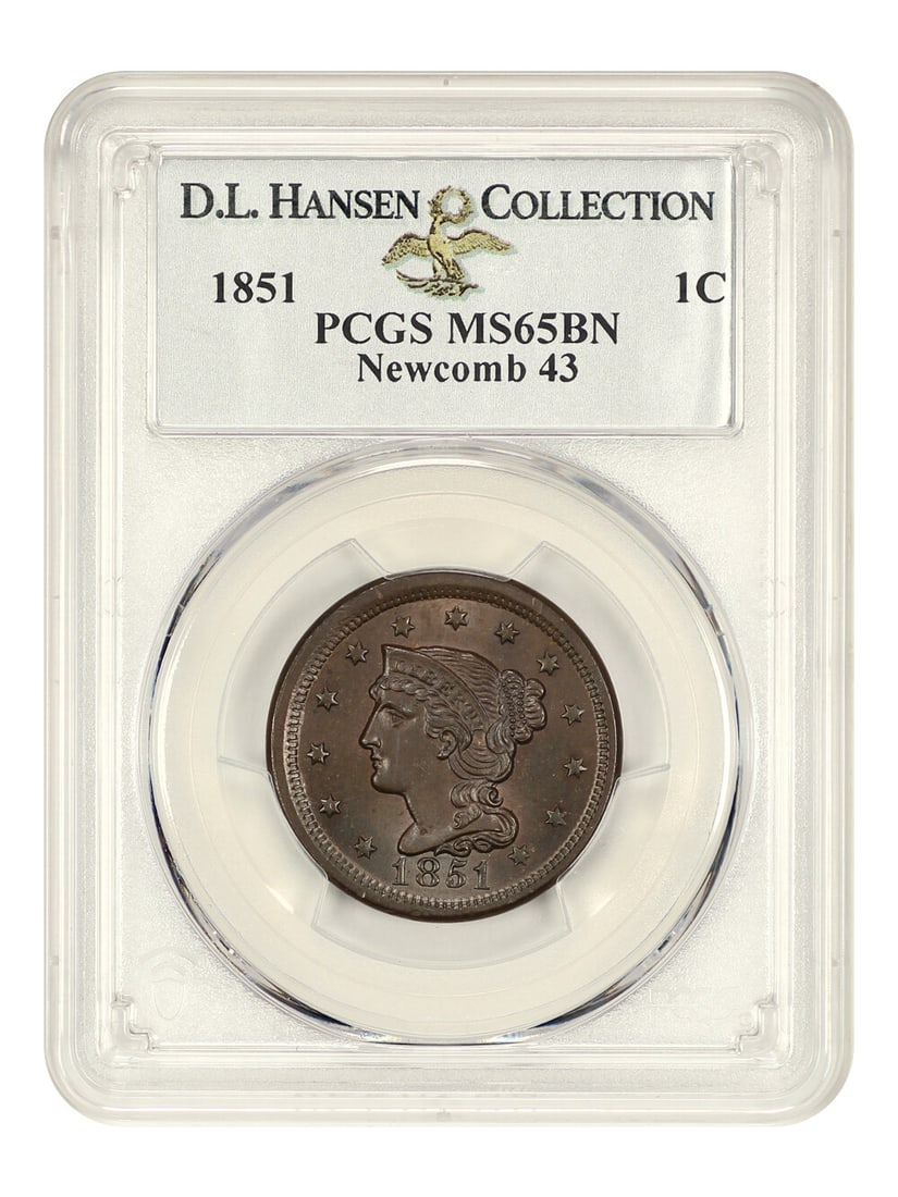 1851 PCGS MS65 BN Braided Hair Cent D.L. Hansen Provenance: 1851 PCGS MS65 BN Braided Hair Cent D.L. Hansen Provenance This 1851 Braided Hair Cent is graded MS65 by PCGS, showcasing uncirculated condition with a stunning mint luster and a rich mahogany hue. It