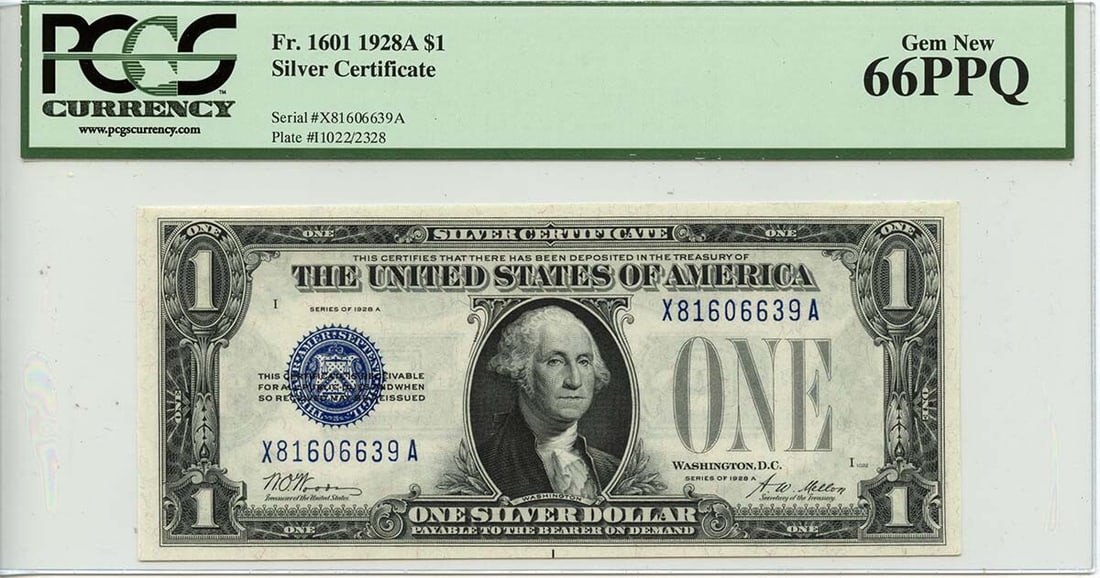 1928A $1 Silver Certificate Fr# 1601 PCGS Gem66 PPQ Uncirculated: 1928A $1 Silver Certificate Fr# 1601 PCGS Gem66 PPQ Uncirculated This 1928A $1 Silver Certificate, designated as Fr# 1601, is a remarkable collectible piece. Graded by PCGS as Gem66 PPQ, it showcases