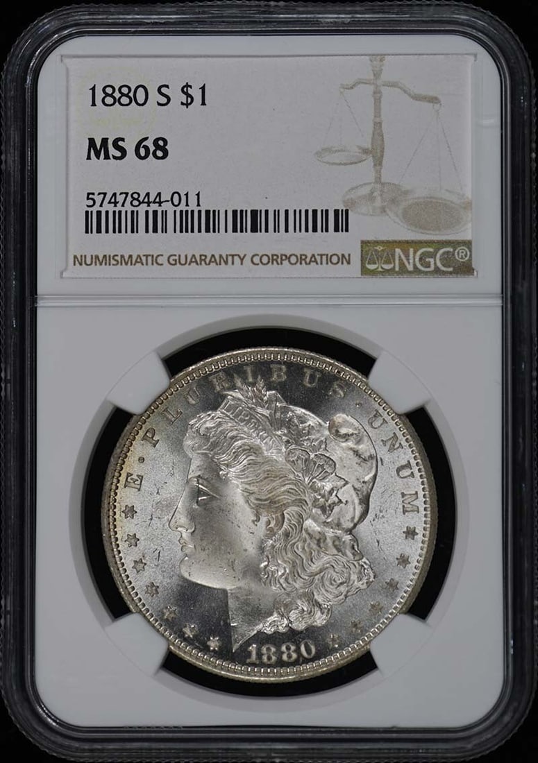 1880-S NGC MS68 Uncirculated Morgan Dollar Coin: 1880-S NGC MS68 Uncirculated Morgan Dollar Coin This 1880-S Morgan Dollar, certified by NGC with a grade of MS68, is a stunning example of this iconic silver coin. Struck in San Francisco, this uncirc