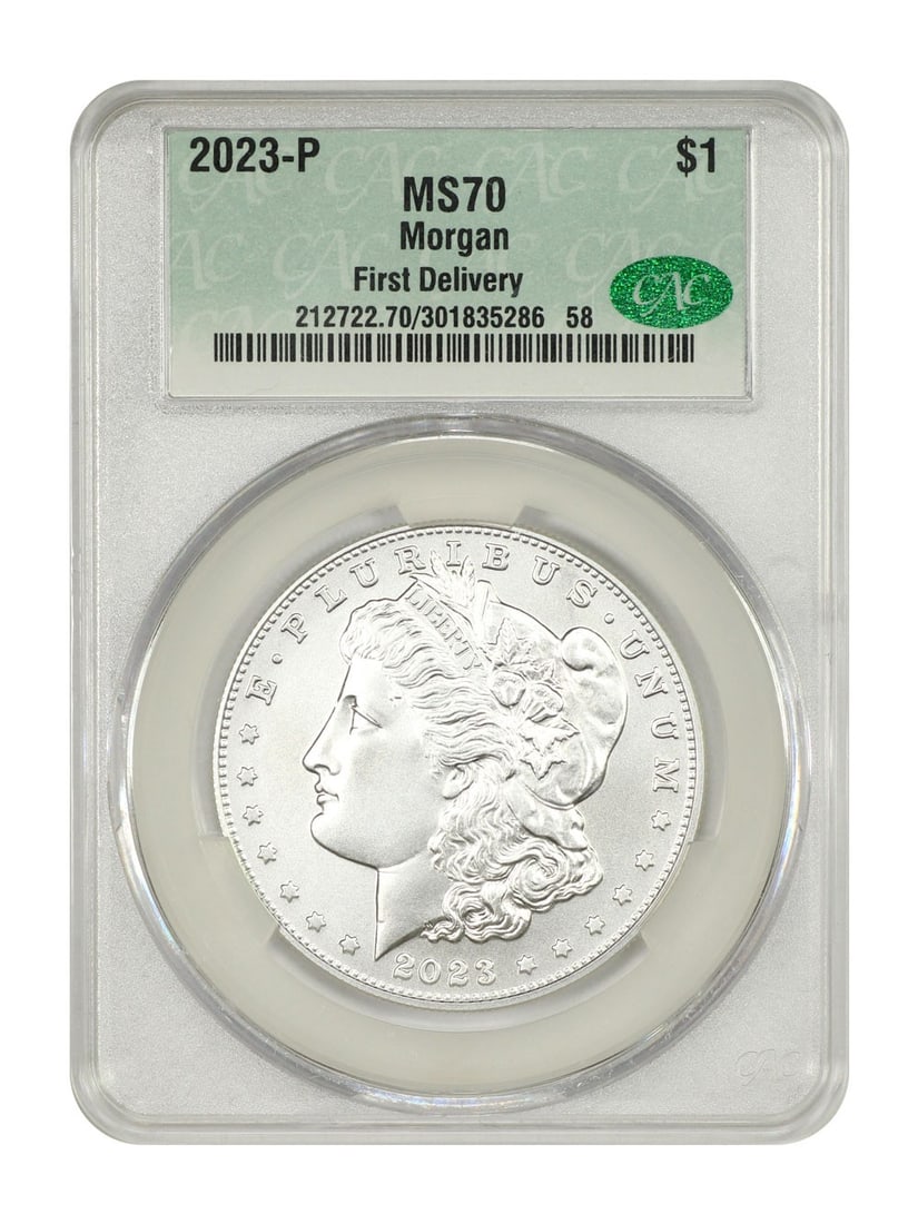 CACG Graded 2023 Philadelphia Morgan Silver Dollar MS70 First Delivery: CACG Graded 2023 Philadelphia Morgan Silver Dollar MS70 First Delivery This is a 2023 Morgan Dollar coin with a $1 denomination, minted in Philadelphia. It is part of the Modern Silver and Clad Commem